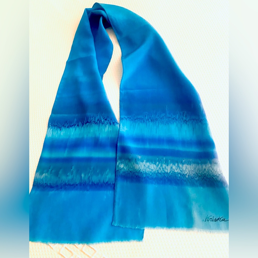 Hand painted blue silk scarf by Kriska